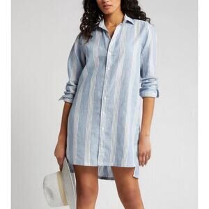 Frank & Eileen Hunter Linen Shirt Dress Blue White Stripe XXS Beachy Resort